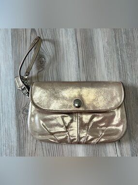 COACH Metallic Gold Shimmer Pleated Leather Flap Clutch Wristlet